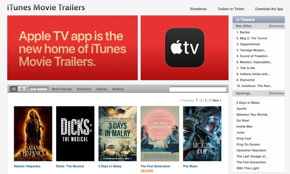 iTunes Movie Trailers website