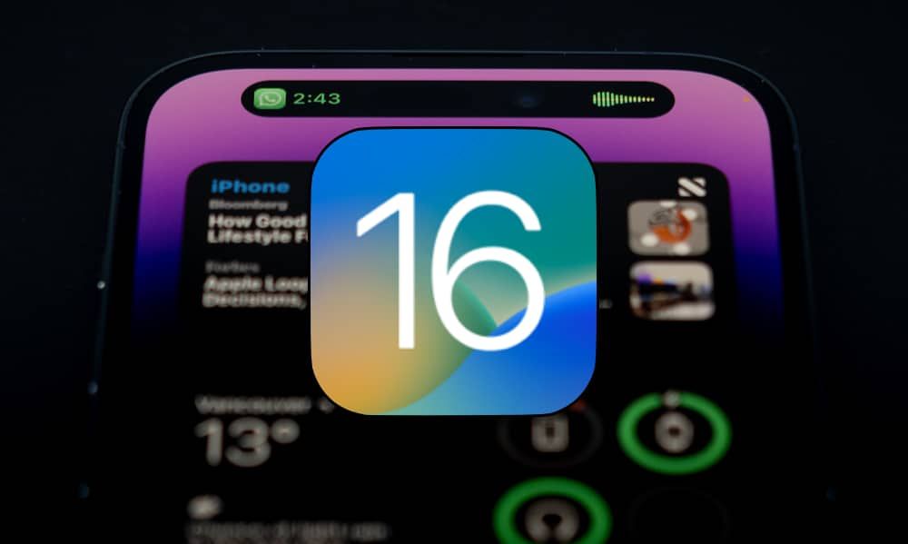 iOS 16 logo over iPhone 14 Pro
