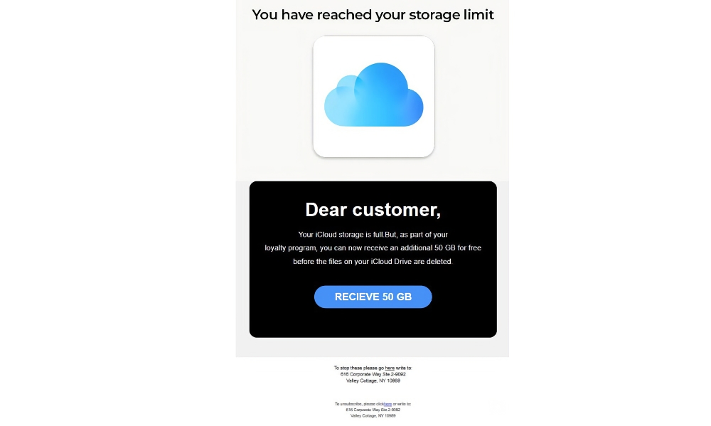 iCloud phishing email targeting Apple iPhone and Mac users