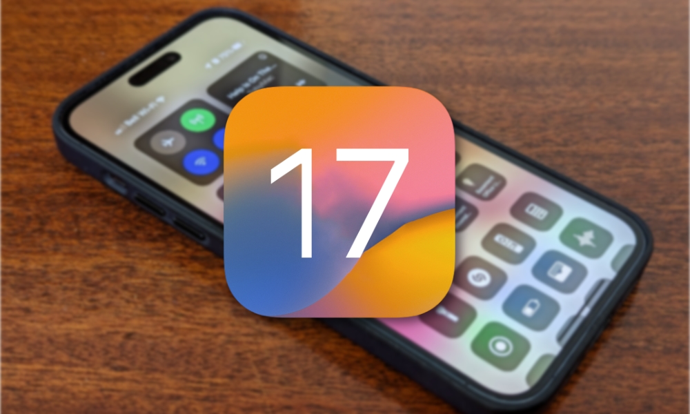iOS 17 logo on iPhone 14 Pro Max showing Control Center