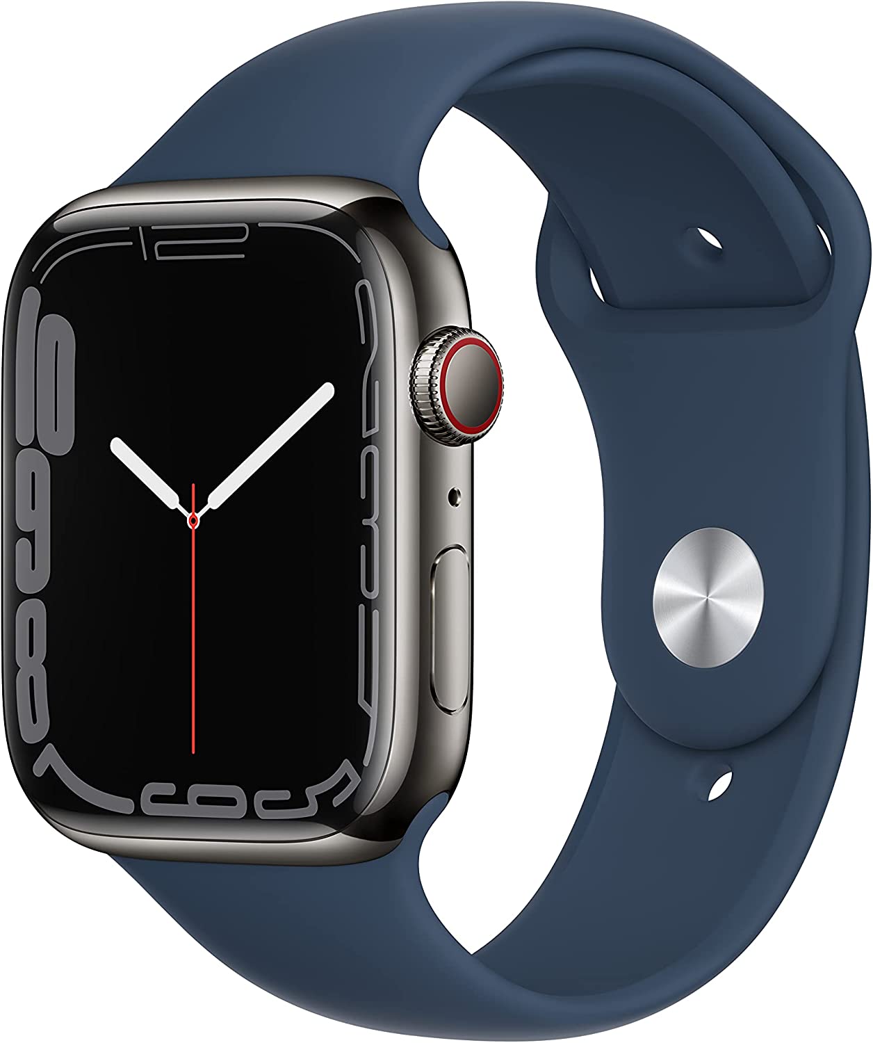 An Apple Watch Series 7 (Cellular) stainless  steel with Abyss Blue Sport Band