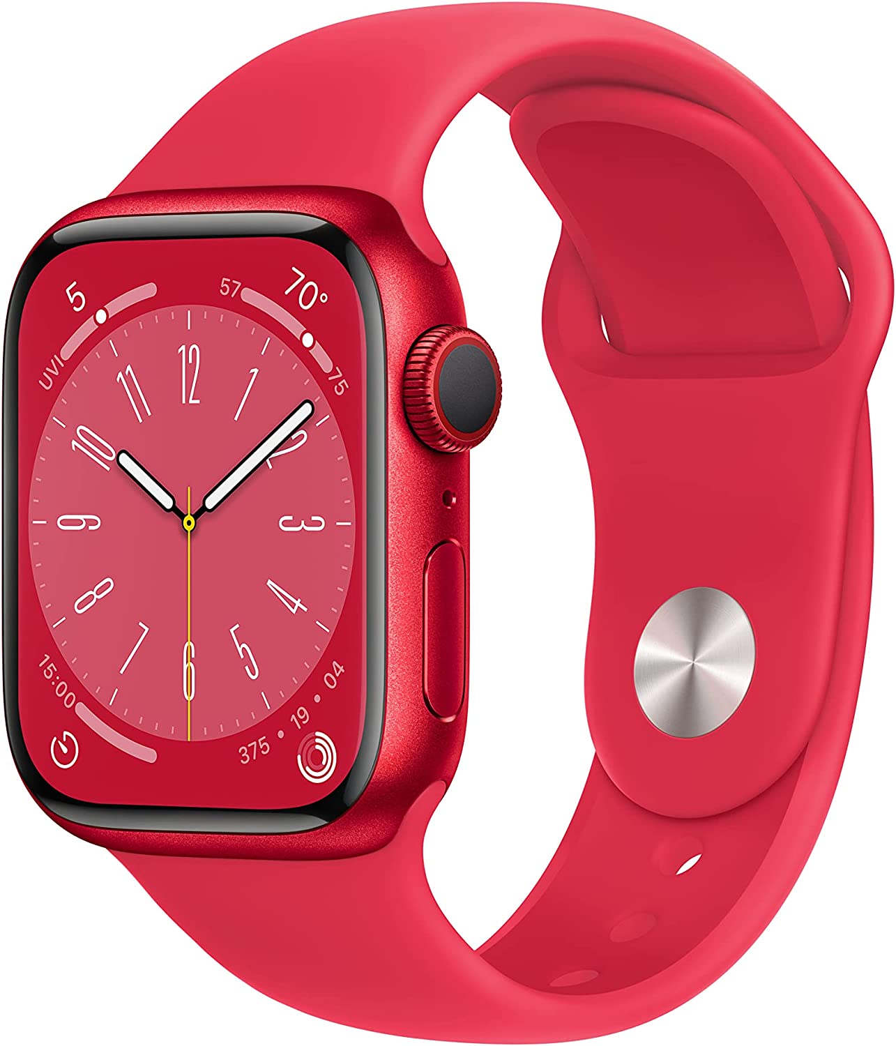 A red Apple Watch Series 8 with aluminum case and red Sport Band.