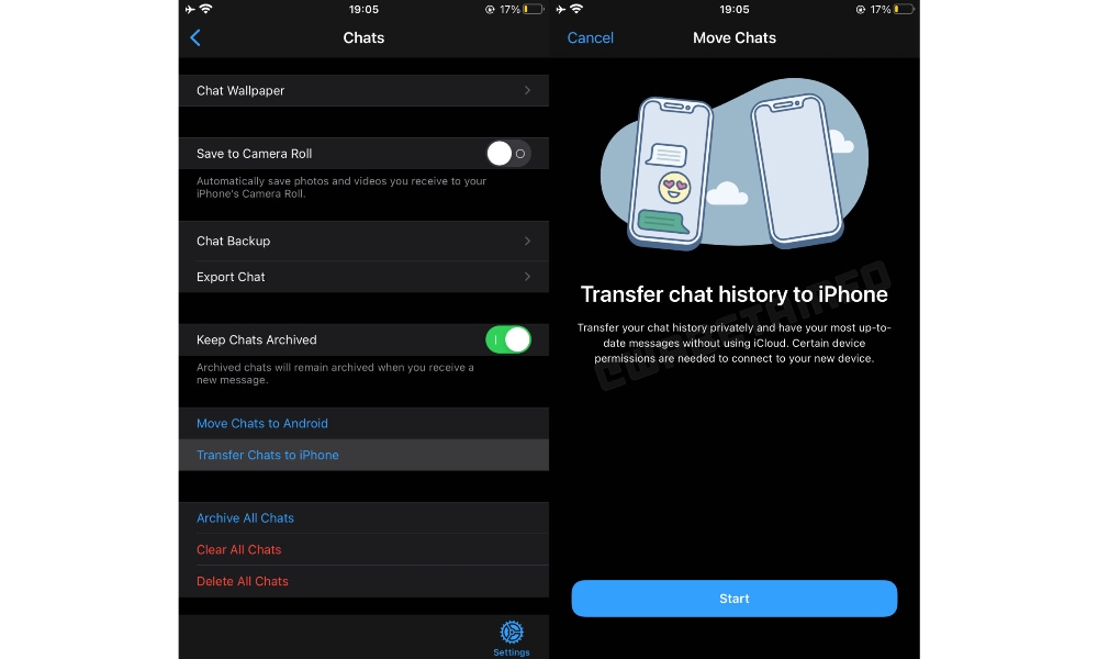 WhatsApp beta transfer chats to iPhone screens