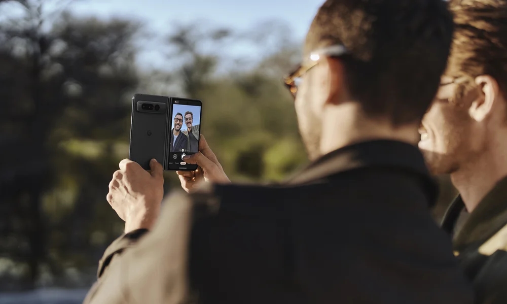 two people taking selfie on Pixel Fold
