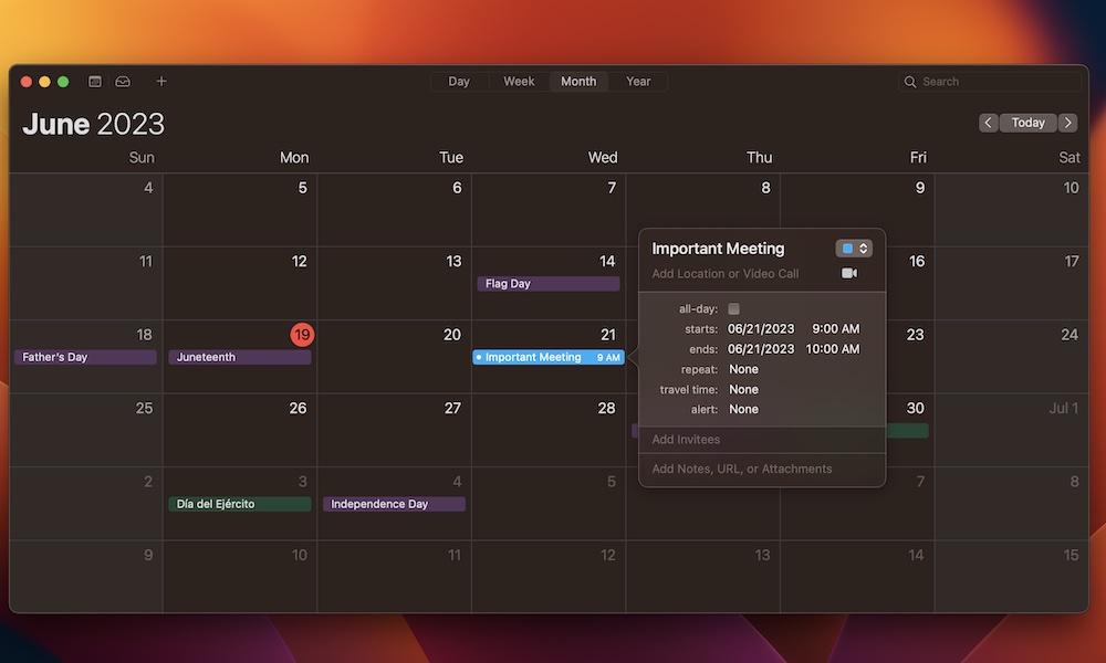 Creating new event Calendar Mac