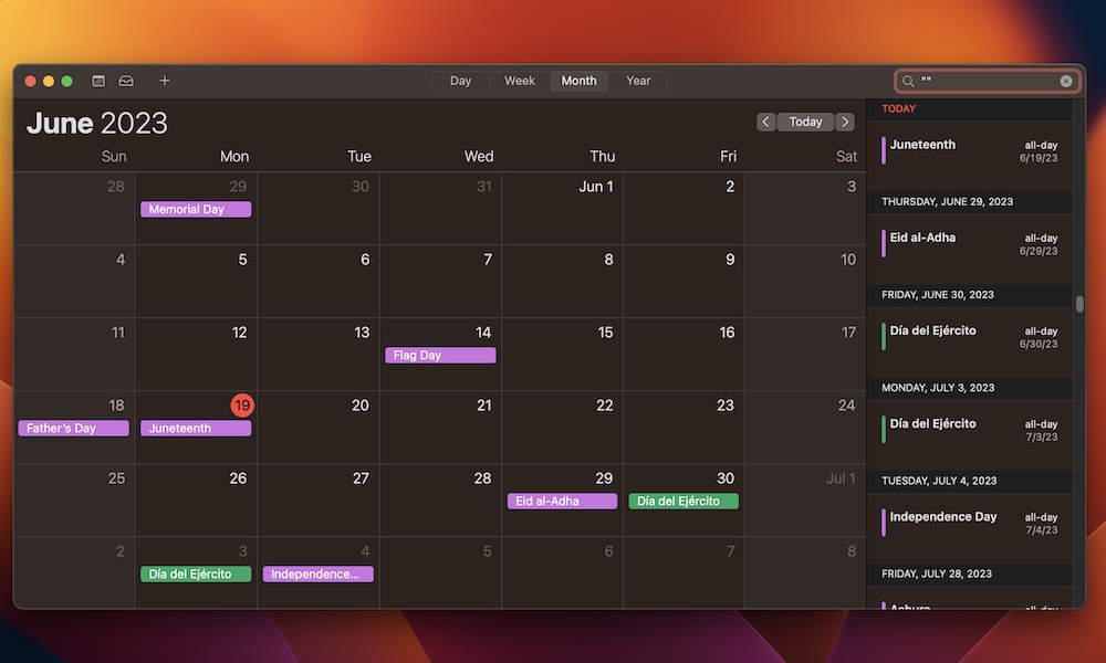 Searching events Calendar Mac
