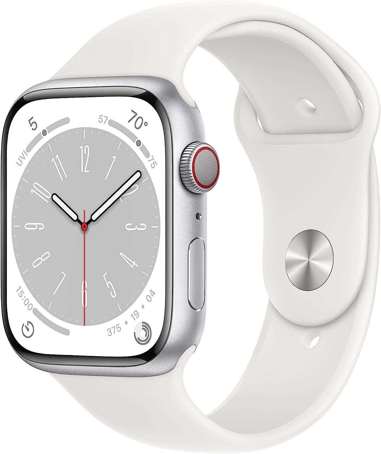 Silver Aluminum 45mm Apple Watch Series 8 with Cellular with White Sport Band