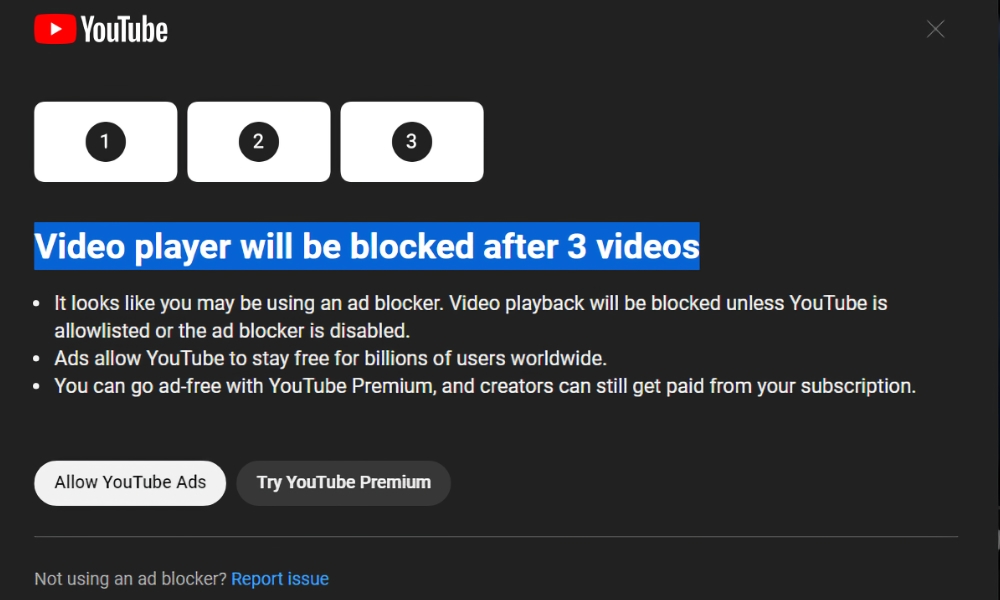 YouTube ad blocker warning