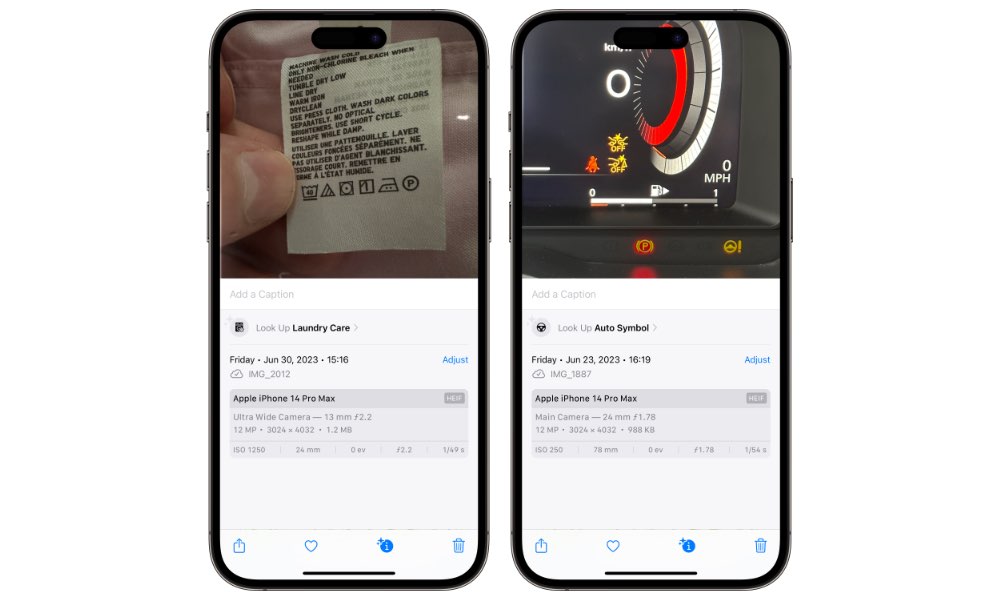 iOS 17 Visual Look Up Laundry Care and Auto Symbol