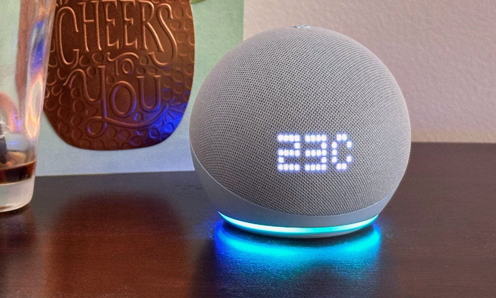 Amazon Echo Dot with Clock showing room temperature
