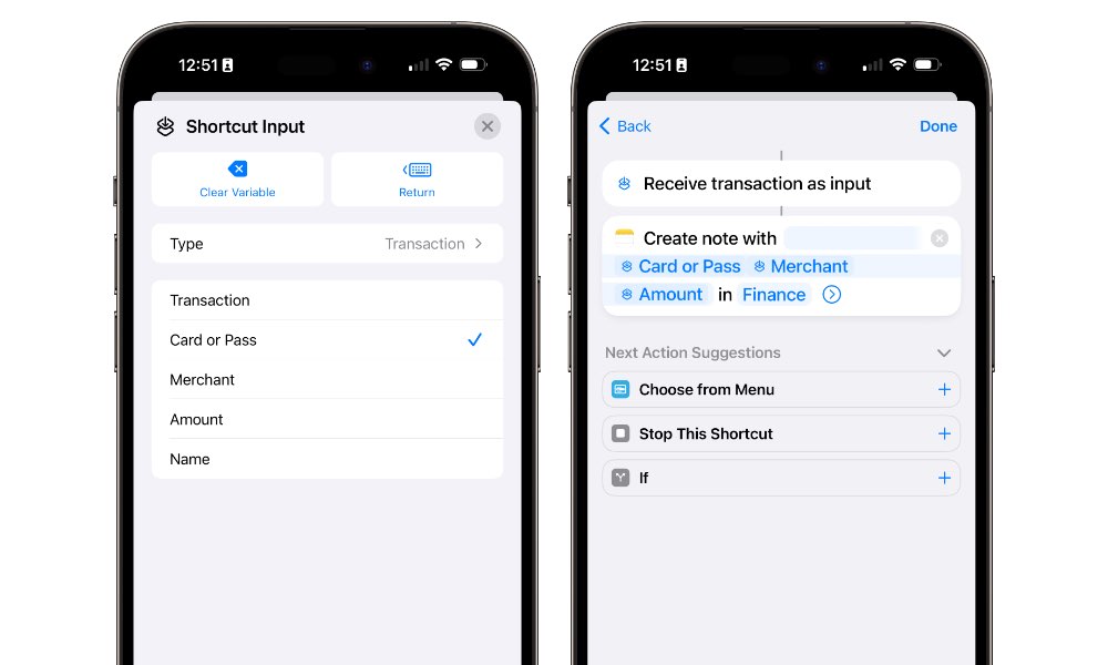 iOS 17 Transactions Shortcut log to notes