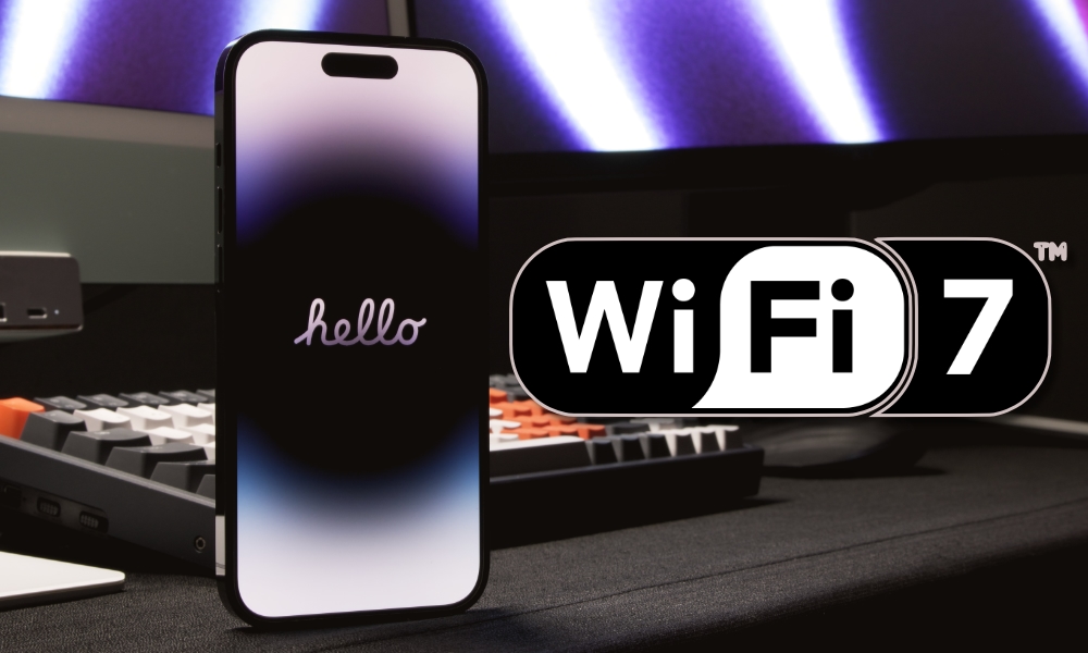 iPhone 14 Pro standing on desk with Wi Fi 7 logo
