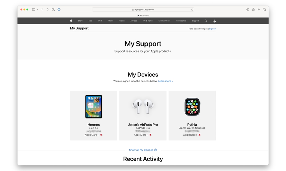 Apple My Support Page in Safari AppleCare coverage