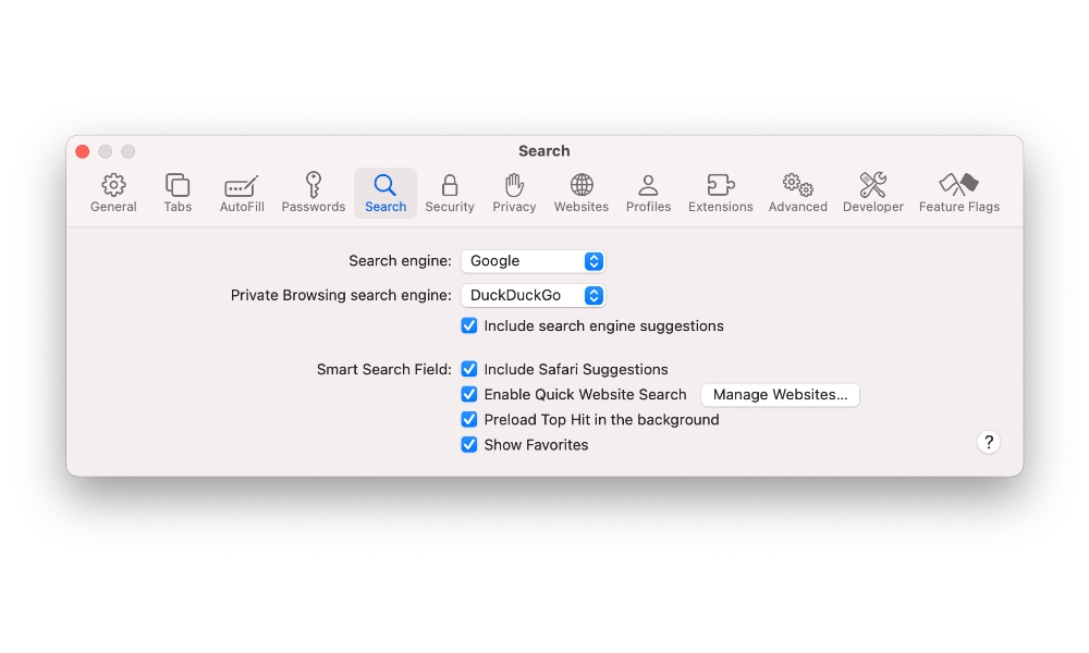Safari 17 Search engine settings