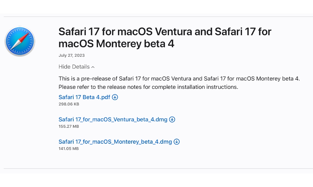 Safari 17 beta download page