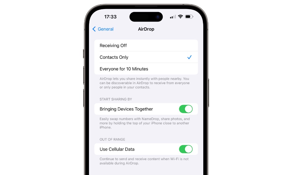 iOS 17.1 beta 1 AirDrop Settings continue over Cellular
