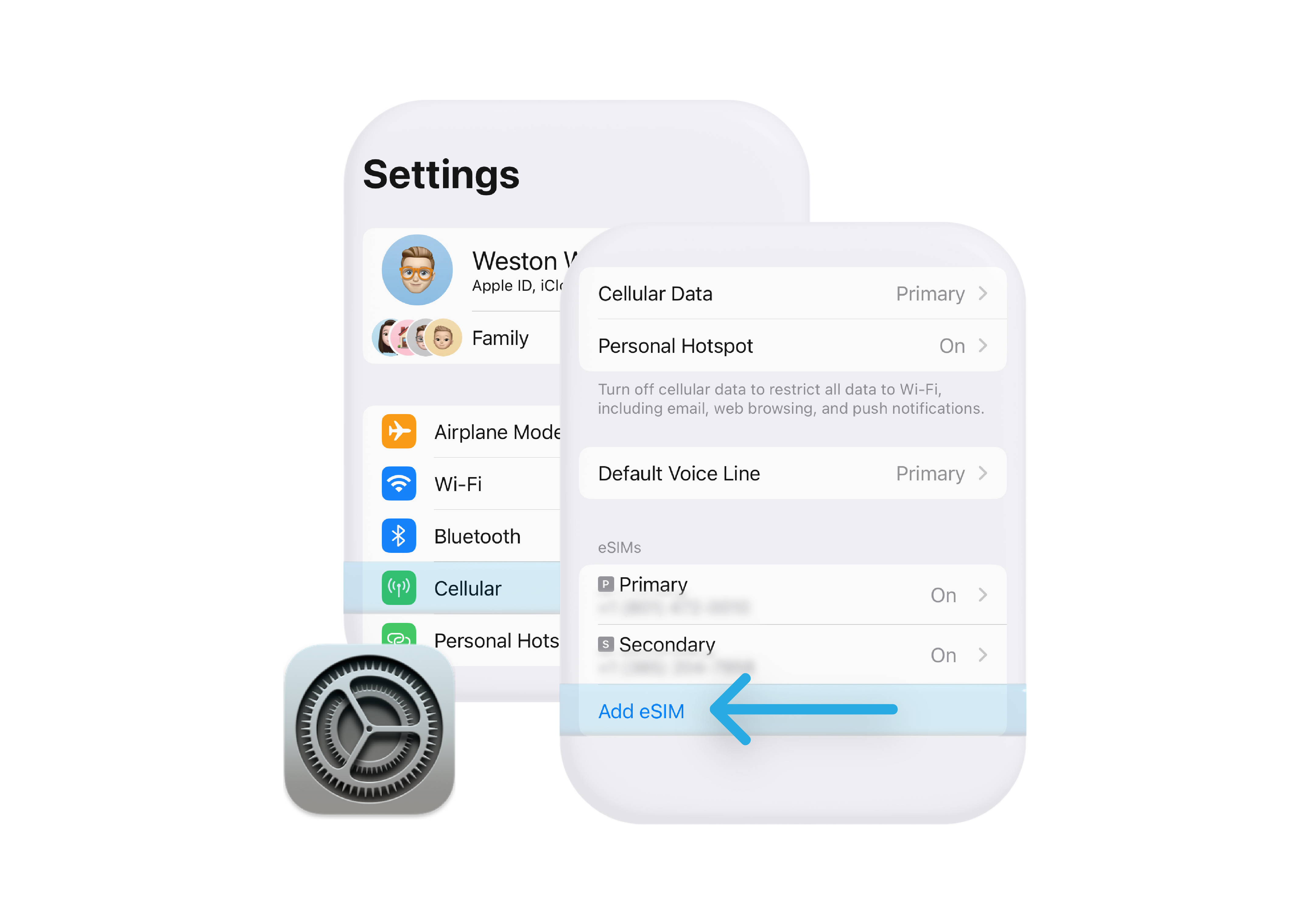 Visual depicting the Settings app and where to add a second line.