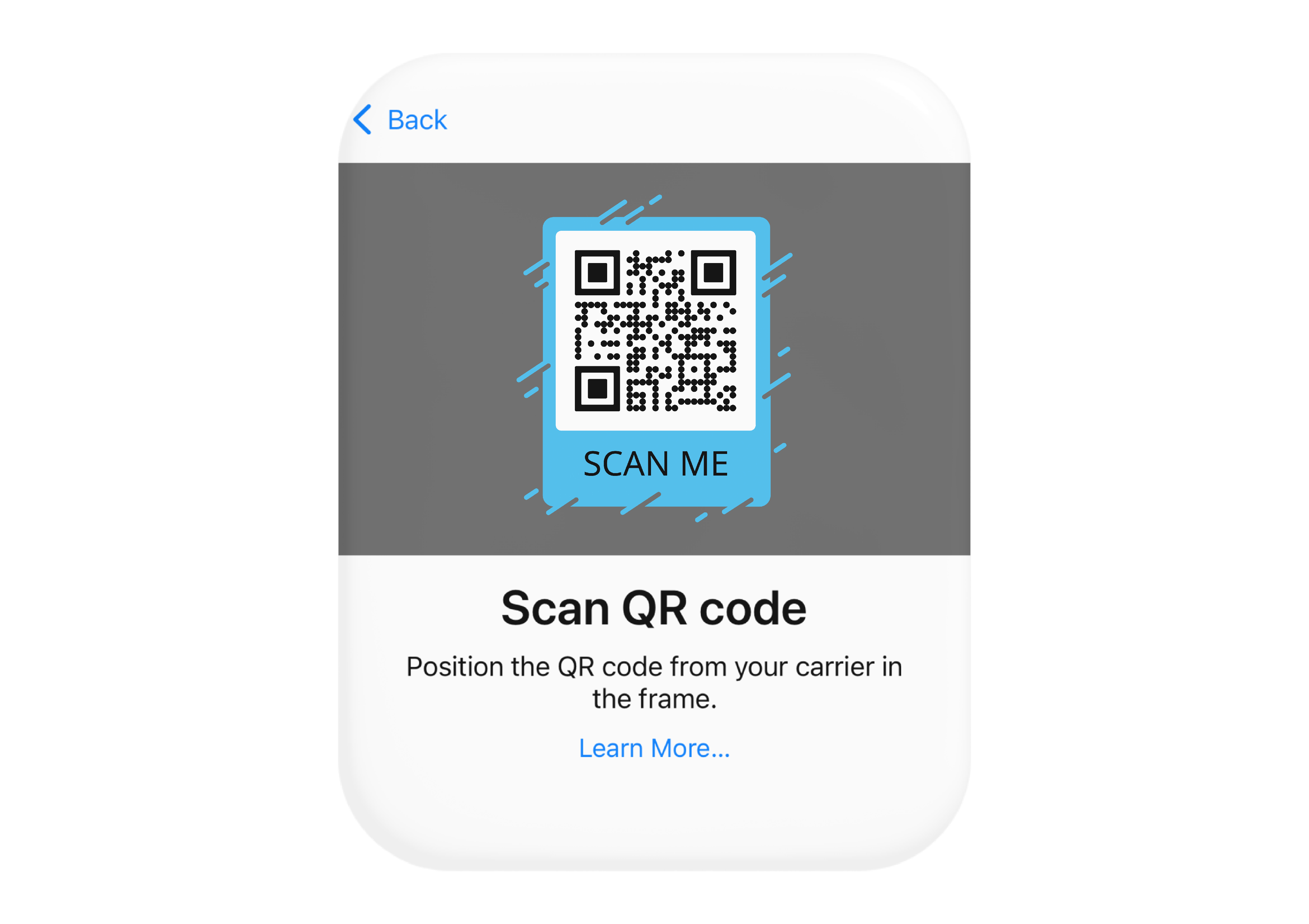 Visual depicting scanning a QR code from the Settings app in order to add a second line/eSIM to an iPhone