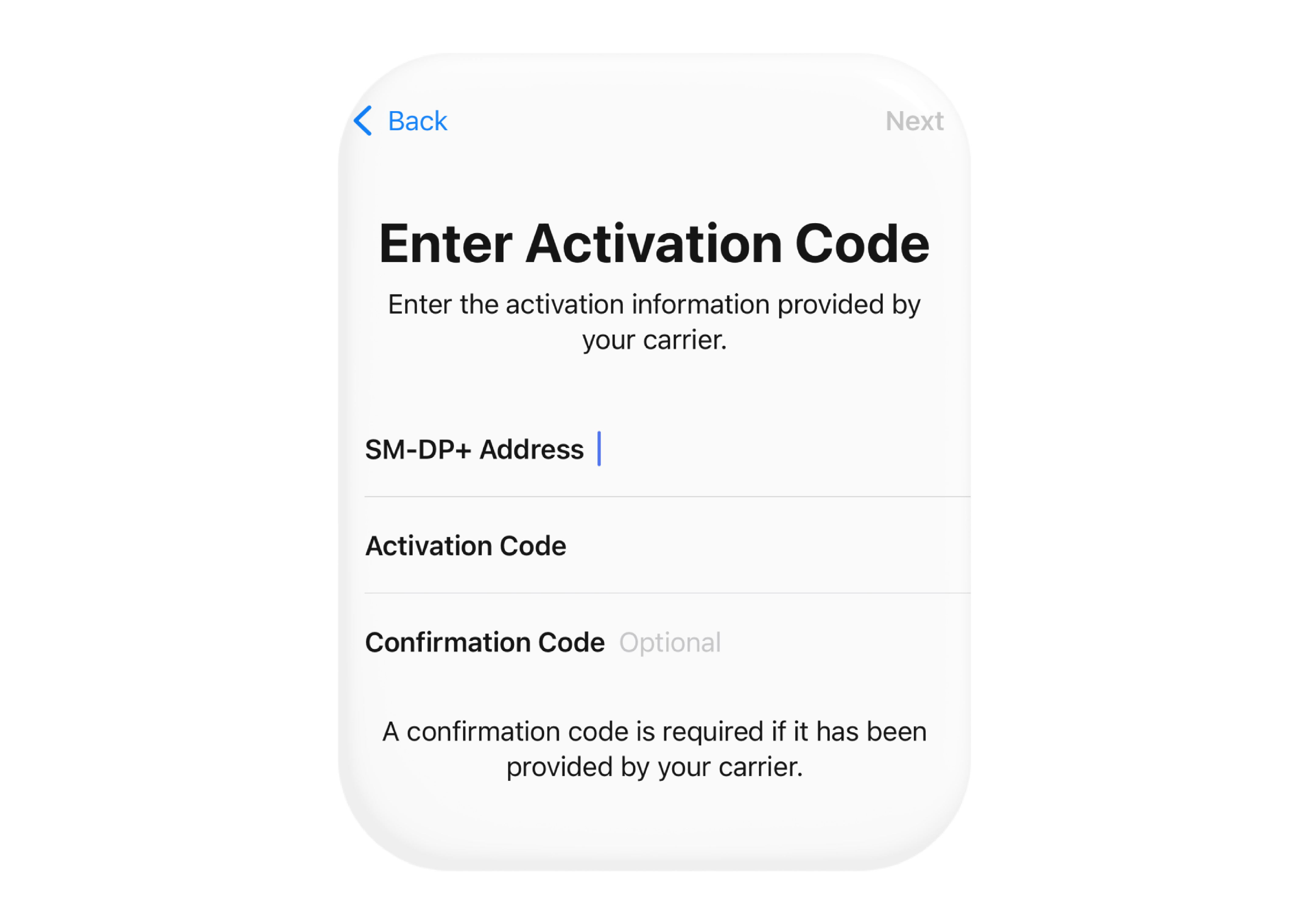 Visual depicting entering an activation code from the Settings app in order to add a second line/eSIM to an iPhone