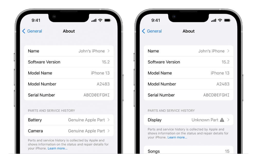 iPhone Settings About Parts and Service History