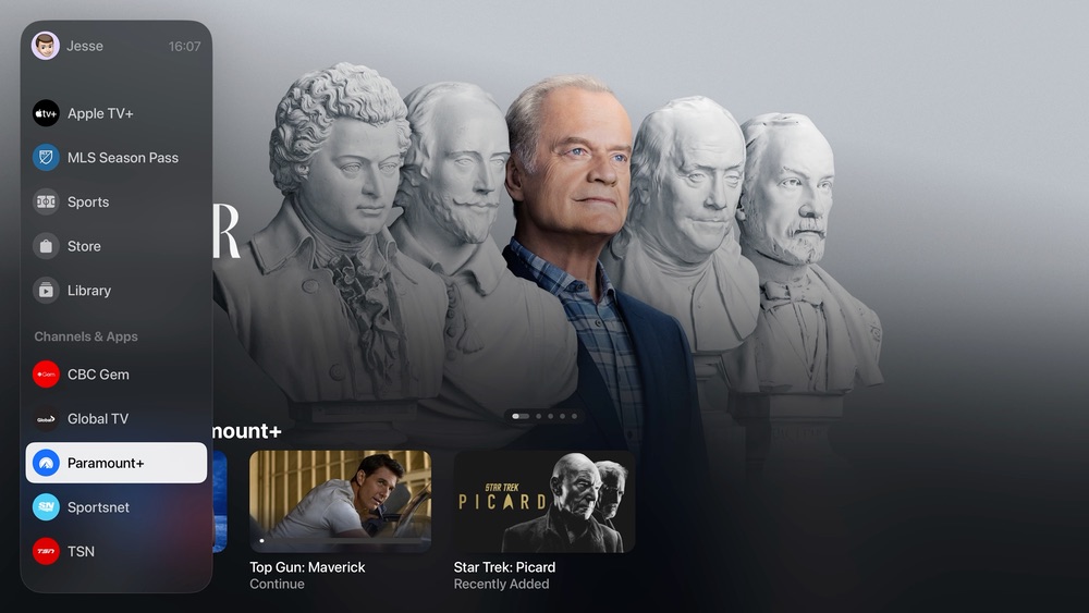 tvOS 17.2 TV app sidebar Apple TV Channels Paramount Plus