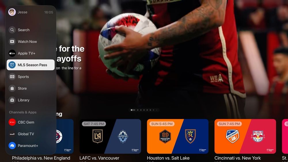tvOS 17.2 TV app sidebar MLS Season Pass