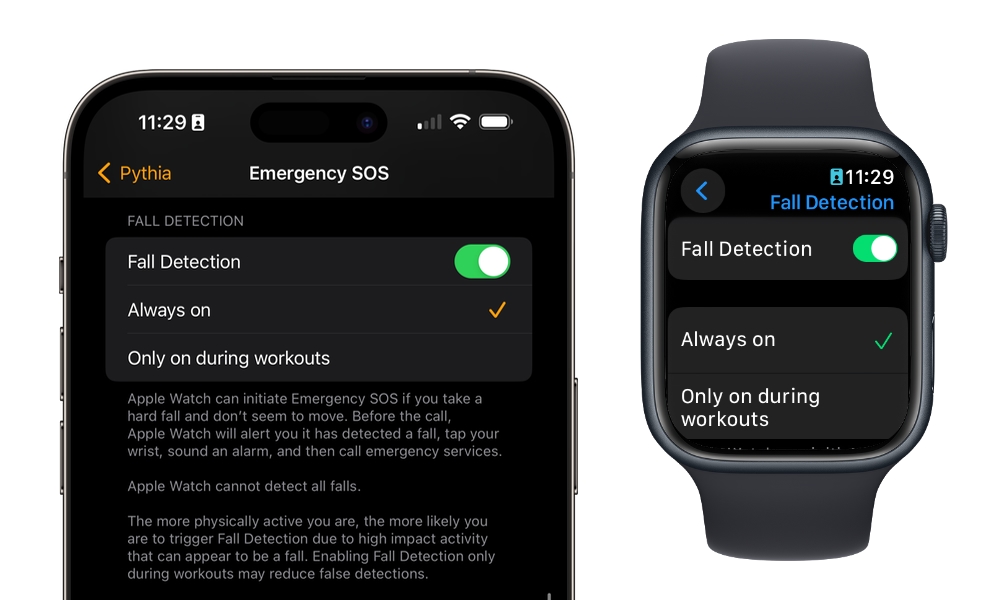 Fall Detection settings on iPhone and Apple Watch