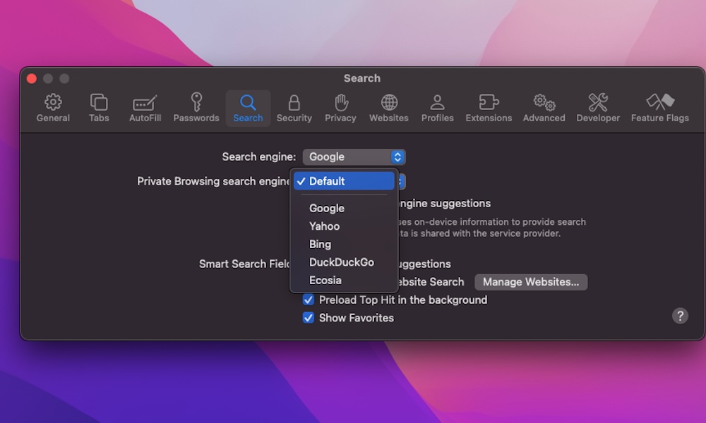 Set Private Search engine Mac