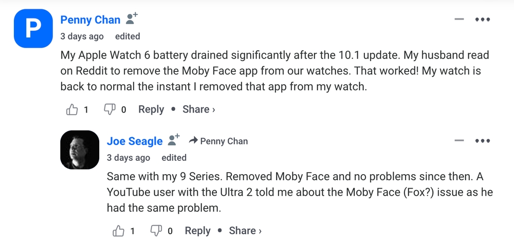 iDrop News comments on Apple Watch watchOS 10.1 battery drain MobyFox app