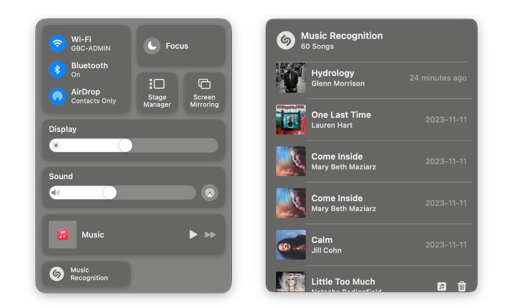 macOS 14.2 beta 2 Shazam Music Recognition panels