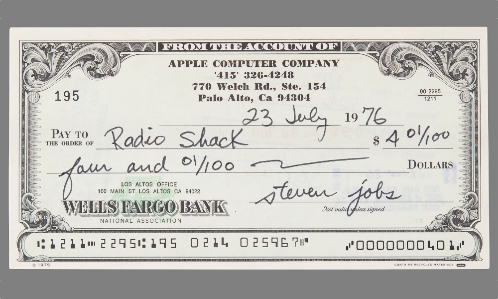 Steve Jobs Signed Apple Computer Co Check
