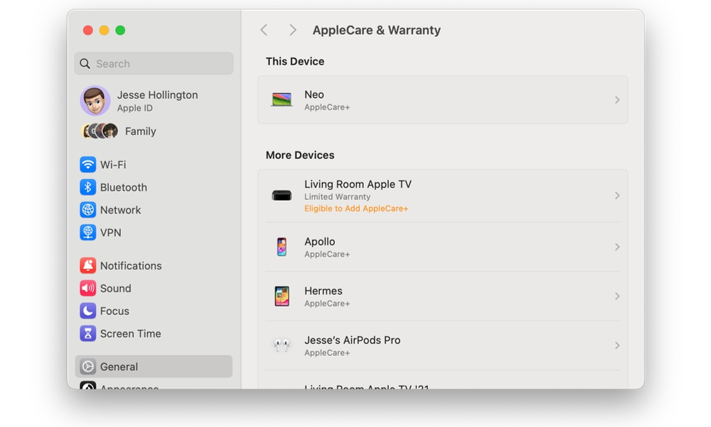macOS Sonoma AppleCare and Warranty settings
