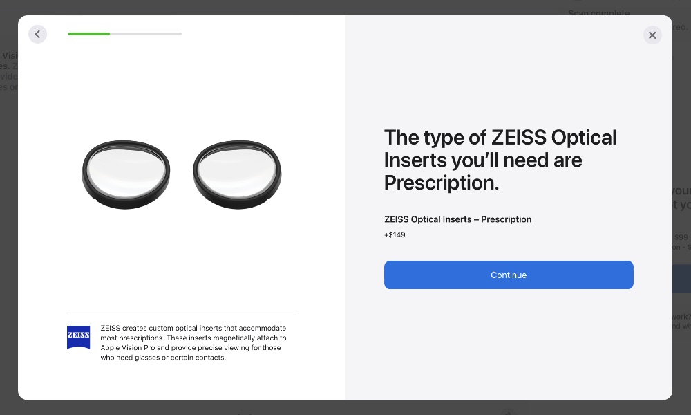 Appe Vision Pro order page ZEISS inserts