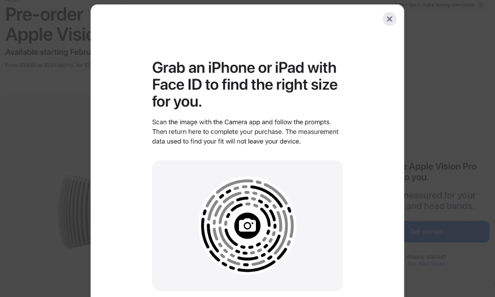 Appe Vision Pro order page app clip face scan