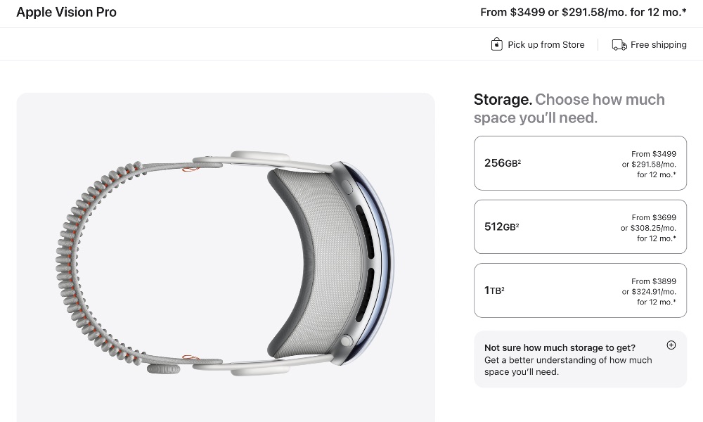 Appe Vision Pro order page storage capacities