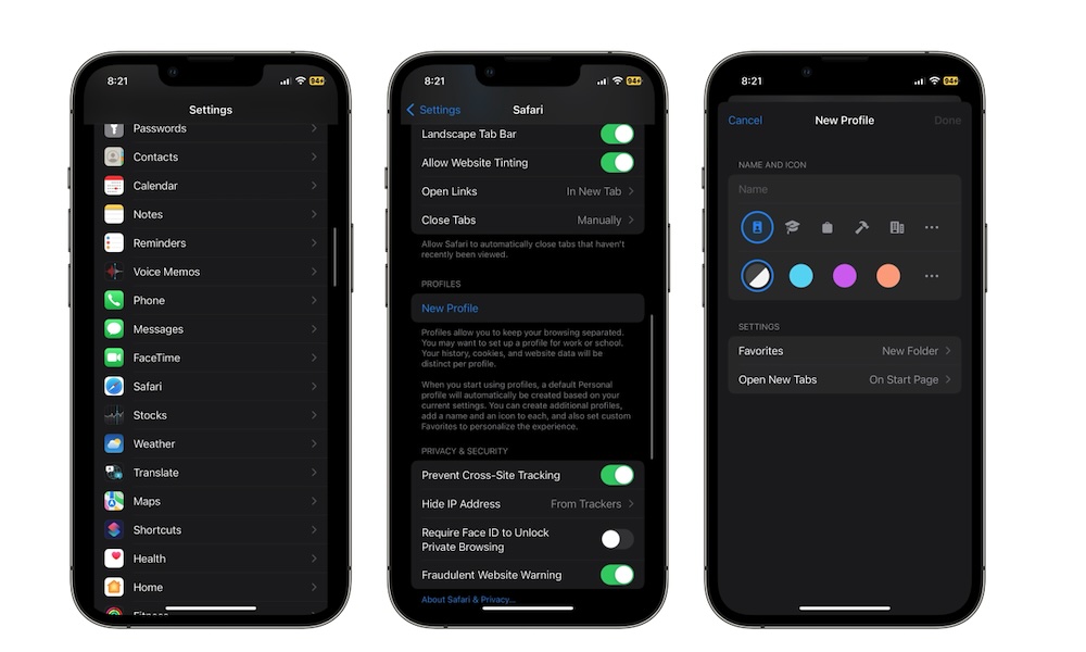 Create a new Safari Profile iPhone
