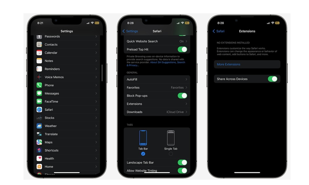 Sync extensions Safari iPhone