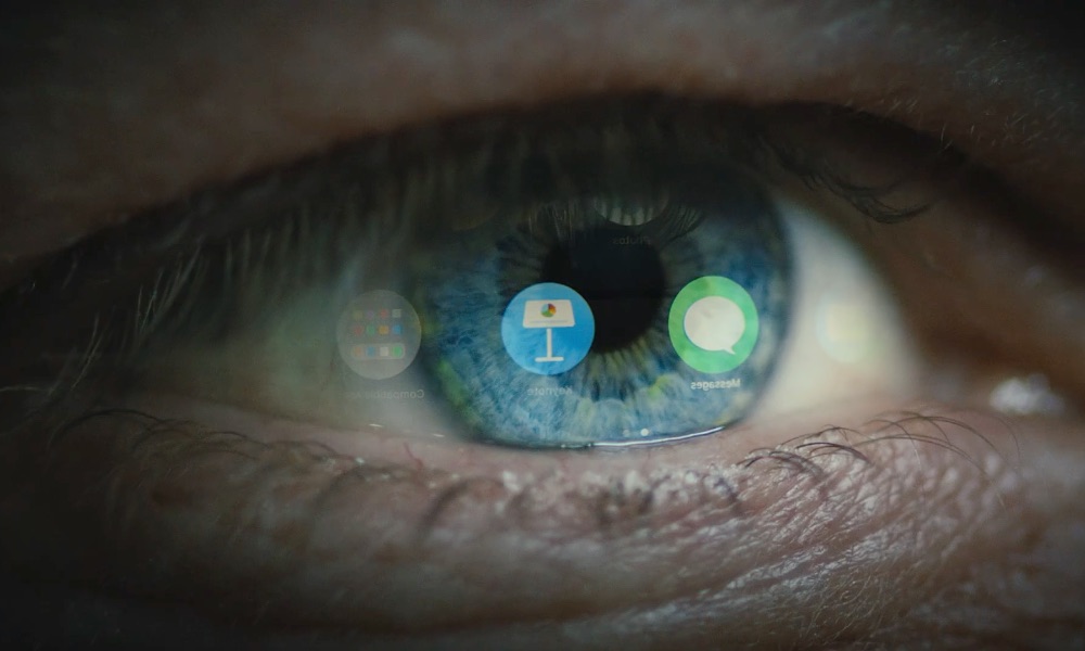 closeup of eyeball looking at Vision Pro app icons
