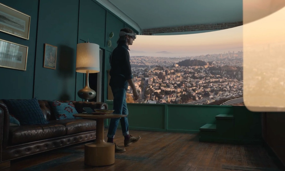 man wearing Vision Pro walking to panoramic view