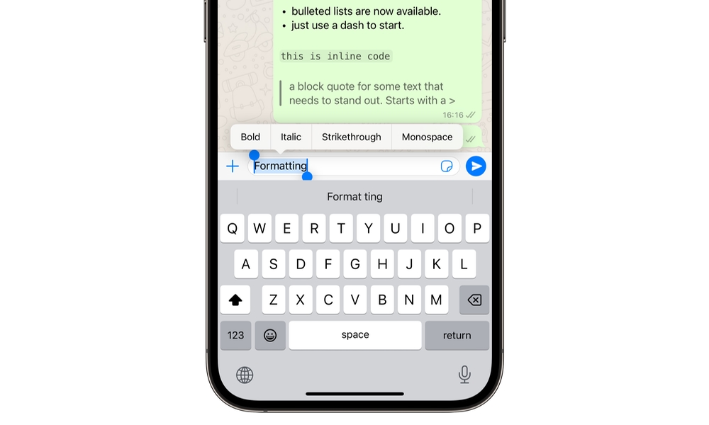 WhatsApp formatting context menu