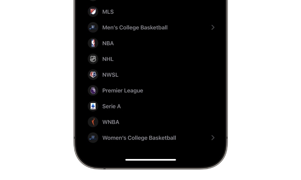 Apple Sports 1.1 leagues