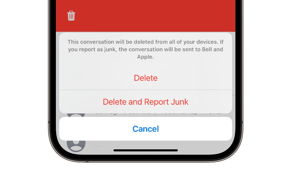 Messages Delete and Report Junk confirmation