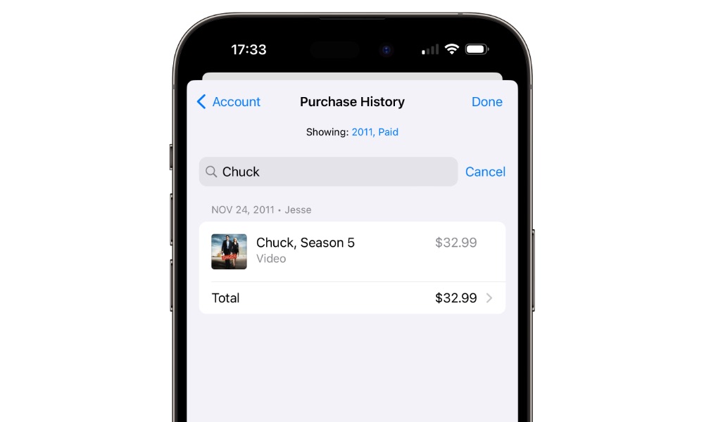 iOS 17.4 Purchase History search by year