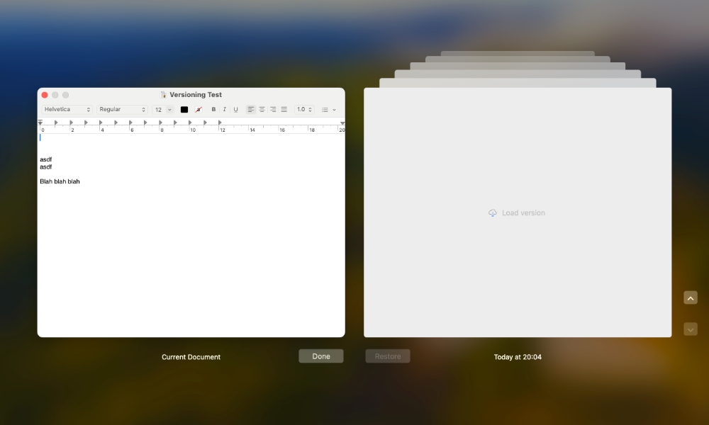 macOS 14.4 browse file versions in textedit load from iCloud