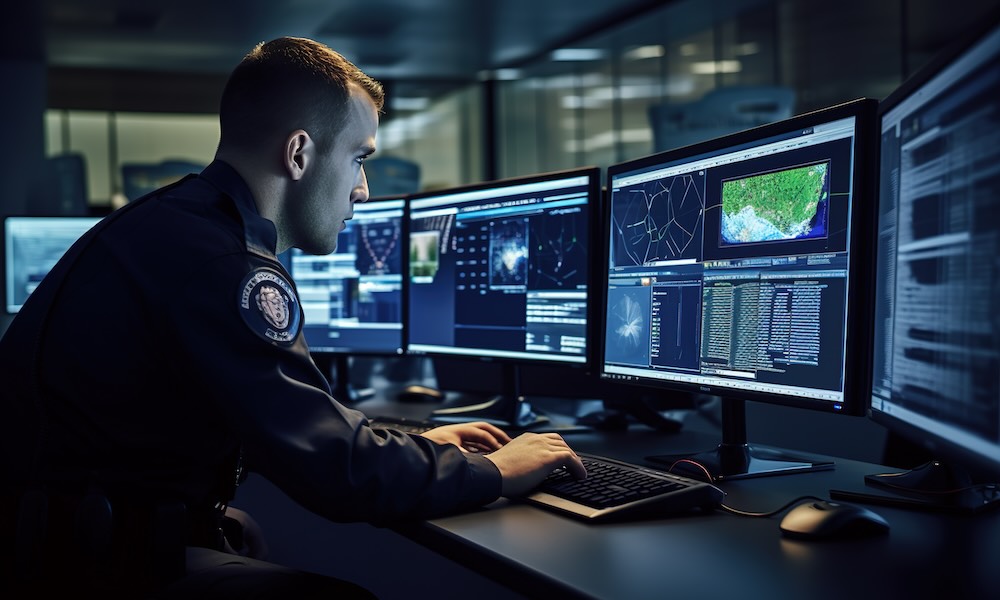 Side view of Policeman entering personal data of suspect into computer database while sitting in front of monitors in office