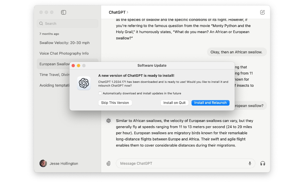 ChatGPT for Mac software update