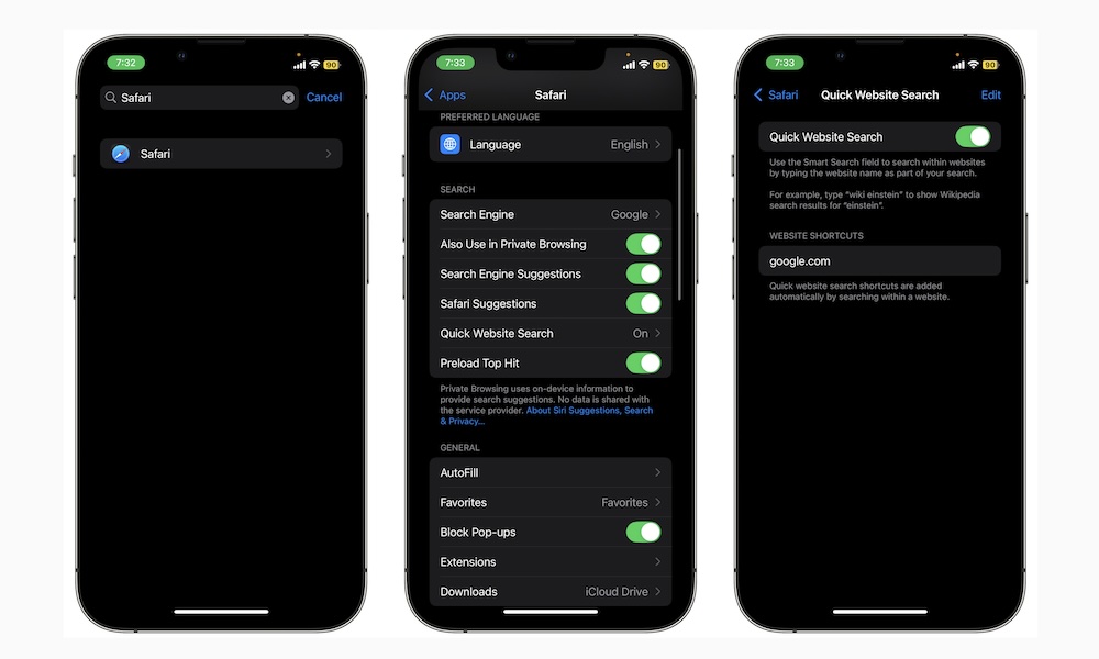 Quick Website Search Safari iPhone