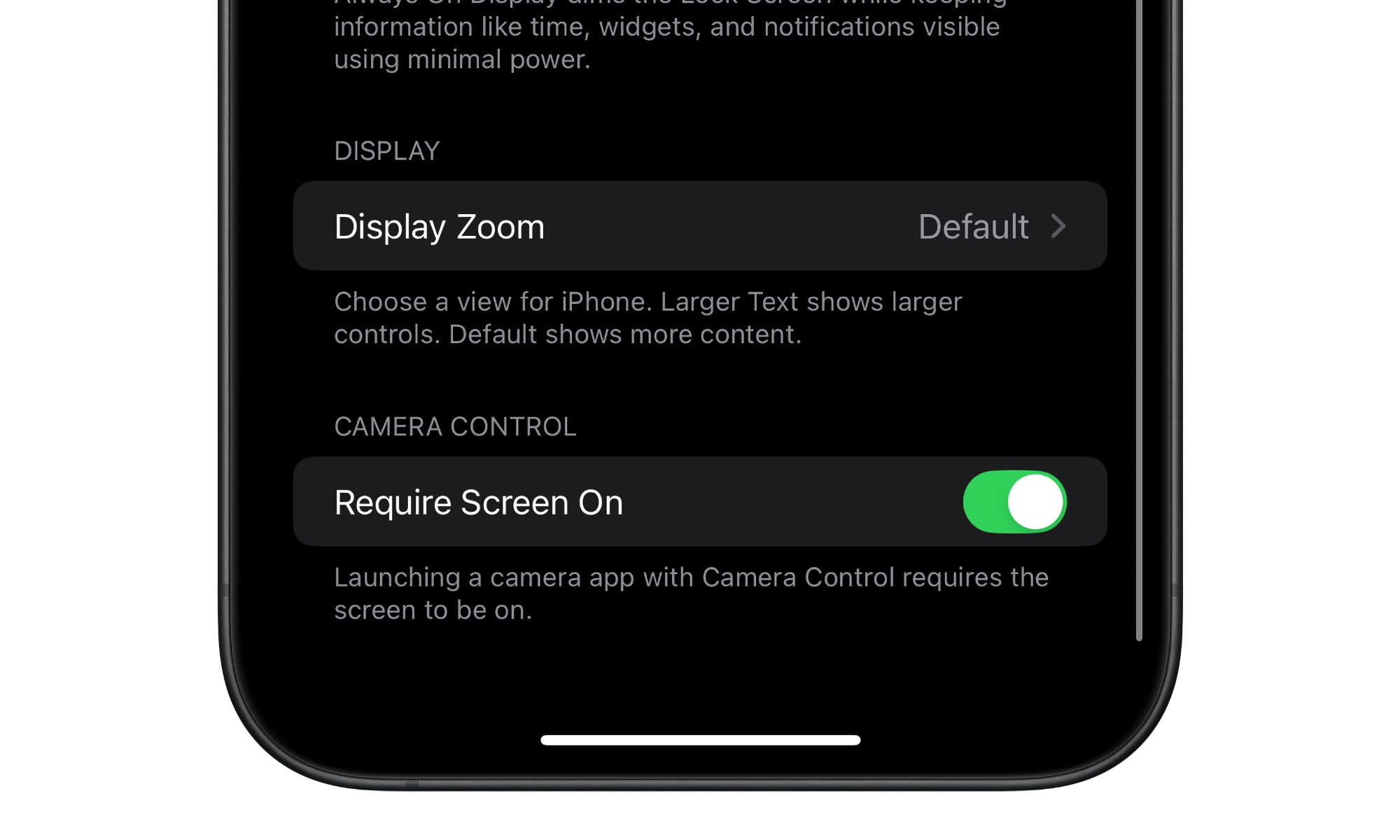 iOS 18.2 beta Camera Control Require Screen On setting