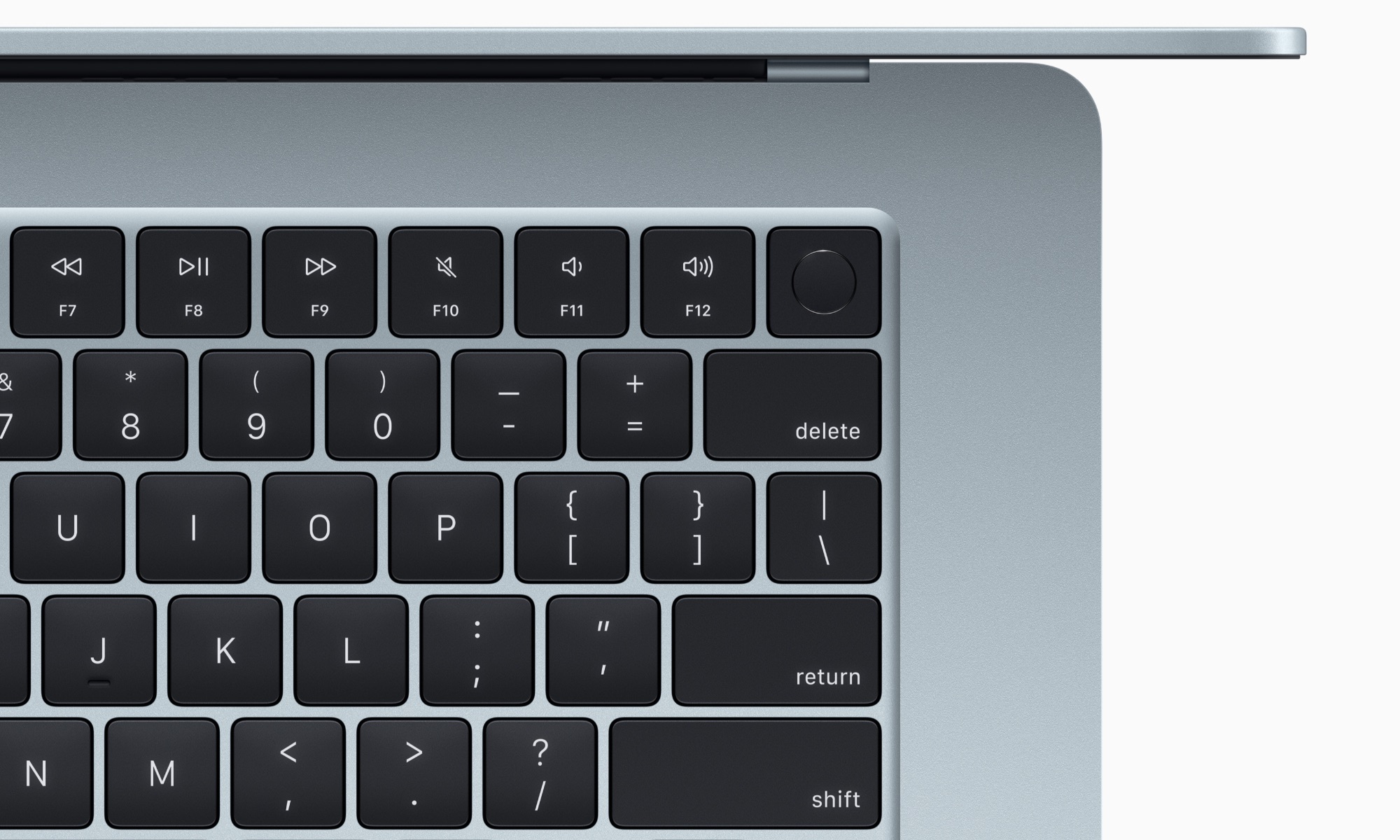Closeup of Apple MacBook Air keyboard showing Touch ID sensor