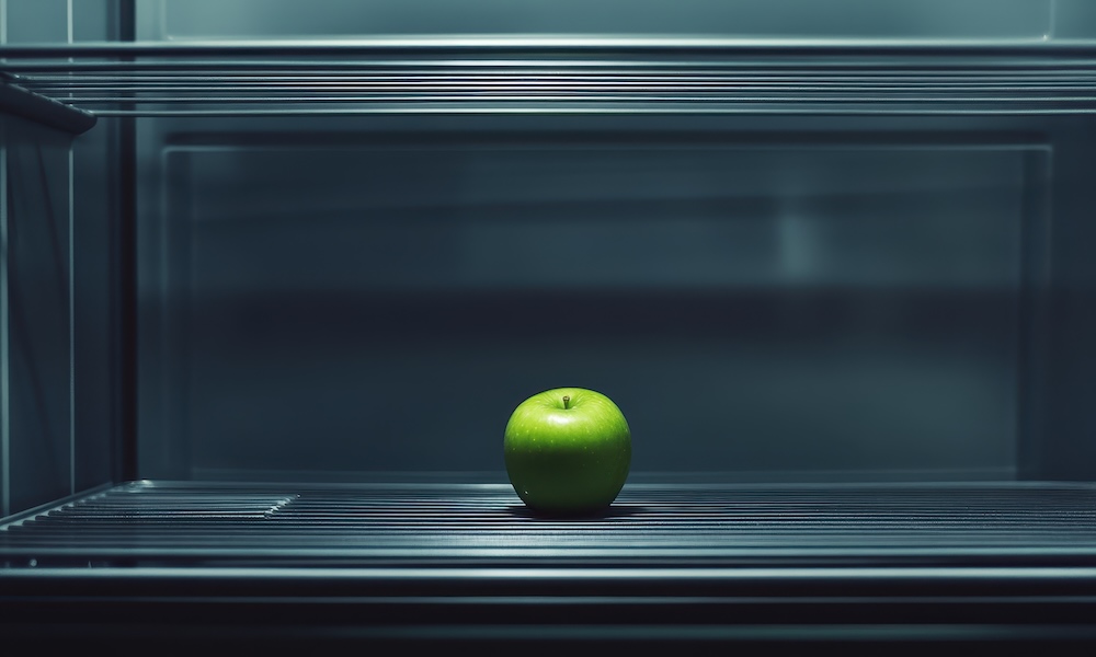 A single green apple on a shelf in a vacant fridge
